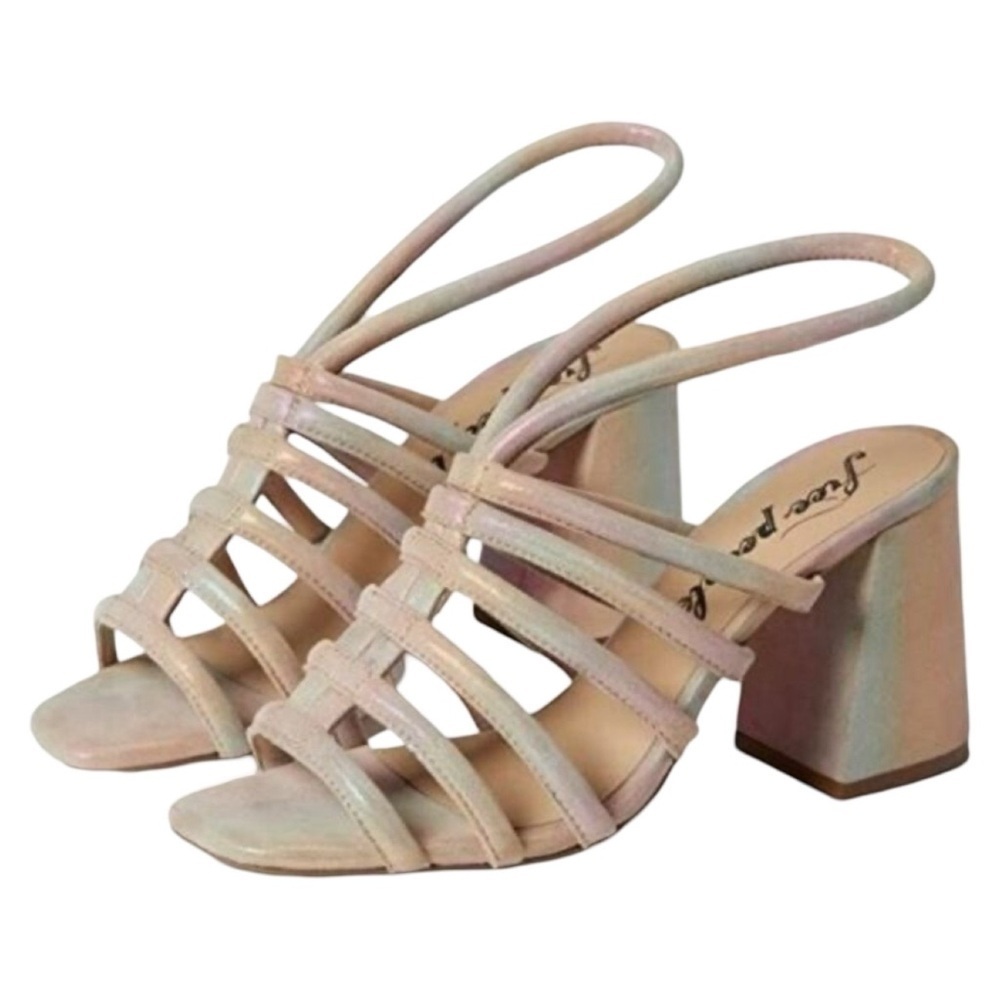 NEW FREE PEOPLE Colette Ankle Strap Rainbow Metallic Leather Heel Sandals Sz 7.5